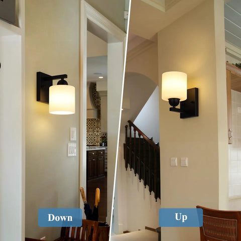 Chill Out Matte Black Milk Glass Wall Sconces Bringing Soft Warm Light To Your Space Premium Metal Build Rust Resistant Finish Dead Simple Hardwired Wiring Ceramic E26 Socket mounted on wall, shown in two positions.