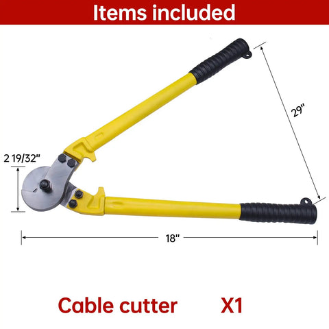 Heavy Duty 18 Inch Hardened Cable Cutter With Chromium Vanadium Steel Blades, Precision Heat Treated, shown with dimensions.
