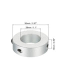1.1 Inch Bore Double Split Aluminum Shaft Collar With Set Screw, silver tone, measurements shown, for motors and drive shafts.