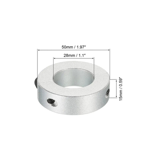 1.1 Inch Bore Double Split Aluminum Shaft Collar With Set Screw, silver tone, measurements shown, for motors and drive shafts.