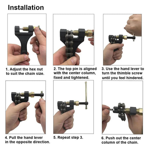 Chain breaker rivet tool for 420/428/520/525/528/530 motorcycle chains; handheld black tool shown in installation steps.