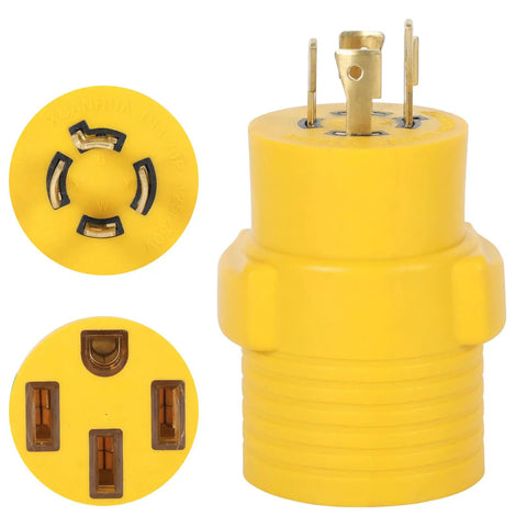 Nema L14 To 14 50 R Adapter For Ev And Rv Setup Twist Lock Generator Power Cord Connector in yellow plastic showing detailed plug design.