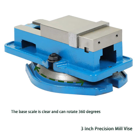 Beefy 3 Inch Precision Mill Vise With 360 Degree Swivel Base For CNC Milling Machines, Heavy Duty Milling Vise Fits Machining Centers, Durable Cast Iron Body With Steel Jaw, 3.2 Inch Jaw Opening, blue vise with 360° swivel base