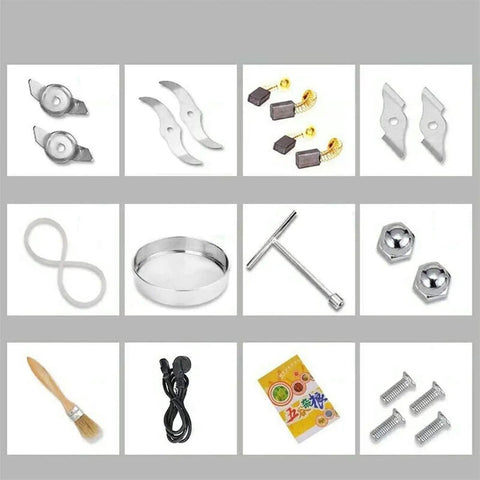 Accessories and parts for Grain Grinder 4500G Stainless Steel High Speed Pulverizer, including blades, brushes, and screws.
