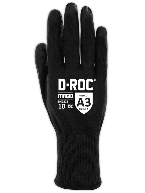 ANSI A3 18-Gauge Polyurethane Coated Work Gloves With Lightweight Coreless Design For Max Dexterity And Grip In Dry Or Wet Conditions, 12 Pairs, Size 9 Large, DXG22B black glove front view
