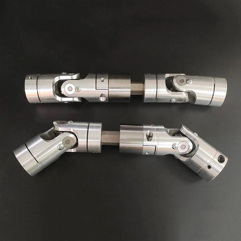 Built Like A Tank Metal Universal Joint Cross Shaft Coupler on a black background, showing both angles and metallic finish.