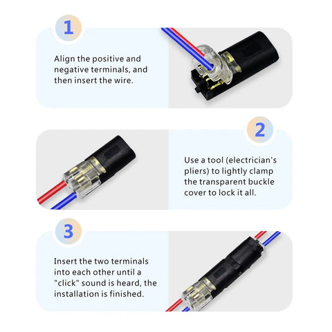 Step-by-step guide for 30 Pcs Double Wire Plug In Connectors 2 Pin For Low Voltage LED Strip Lights Quick Splice Connectors With Locking Buckle No Wire Stripping For 18 22 AWG Multi Purpose For Home Automotive And DIY Projects installation