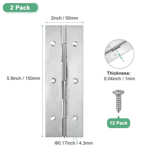Six Inch Stainless Steel Piano Hinges Two Pack Badass Continuous Cabinet Door Hinge With Pre Drilled Holes And Screws For Toolboxes DIY builds RV mods and storage crates silver tone, showing dimensions and screws.