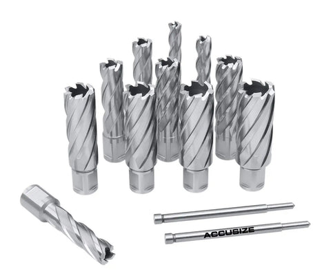 HSS Annular Cutter Set 13 Pc With 2 Inch Cutting Depth Weldon Shank Includes 11 Cutters And 2 Pilot Pins For Fast Steel Hole Cutting From 7/16 Inch To 1-1/16 Inch Pro Grade