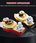 Pure Copper Battery Terminal Connectors Two Pack Heavy Duty Wiring Lugs showing a red and black connector with metal fasteners.
