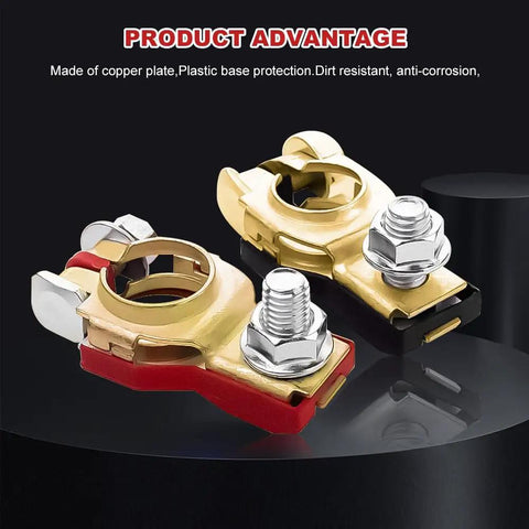 Pure Copper Battery Terminal Connectors Two Pack Heavy Duty Wiring Lugs showing a red and black connector with metal fasteners.