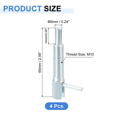 Heavy Duty Retractable Indexing Plunger Pin Four Pack Carbon Steel Spring Loaded Telescopic Locking Latch For Machinery And Shipbuilding, M10 thread size, 65mm length, 6mm diameter.