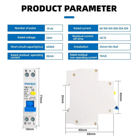 Top Shelf 18mm Din Rail RCBO Residual Current Differential Automatic Circuit Breaker with product parameters including dimensions and specifications.
