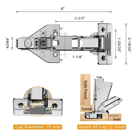 Technical diagram of 2 Pack 165 Degree Concealed Lazy Susan Hinge For Face Frame Cabinets With Clip On Plate, showing dimensions.