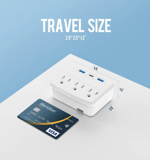 Foldable Travel Power Strip With USB C Outlets Non Surge Protector shown with credit card for size comparison
