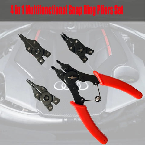 4 In 1 Snap Ring Pliers Set With 3 Interchangeable Jaw Heads Pro Grade And Heavy Duty Angled 45 Degree 90 Degree And 180 Degree For Auto And Engine Repair Red, visible with red handles and black steel jaws.