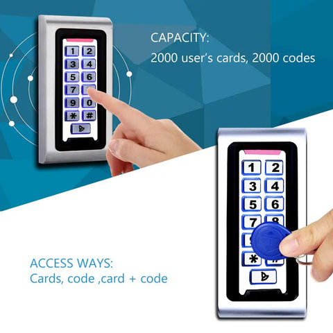 Standalone Door Access Control System With Backlit Password Keypad and five proximity key fobs, supports 2000 users, shown in use.