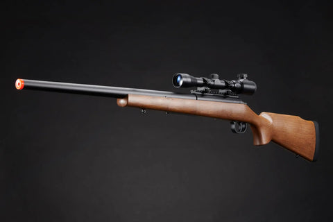 Beast Mode Bolt Action Airsoft Sniper Rifle With Adjustable Magnified Aluminum Scope on wood stock and metal rail.