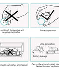 Instructions for handling Top Shelf 10 Pack AG1 Button Cell Batteries safely to prevent short circuits and leaks.