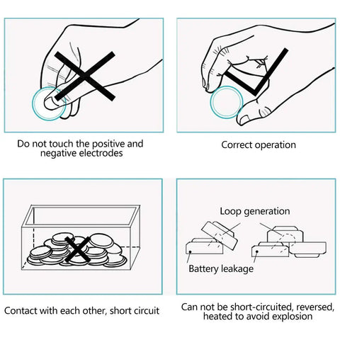 Instructions for handling Top Shelf 10 Pack AG1 Button Cell Batteries safely to prevent short circuits and leaks.