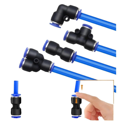 Get This Awesome 32 Piece Pneumatic Fittings Kit With Push To Connect Air Hose Connectors For Quick And Easy Setup On Your Precision Automation Gear Including Straight Elbow Tee Y Splitter Types Perfect For 4 6 8 And 10mm Tubing Hoses. Black elbow and tee push fittings for blue pneumatic tubing, 4-10mm