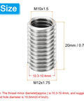 Front view of stainless steel thread adapter sleeve, M12x1.75 male to M10x1.5 female, 20 mm length, 10 pcs