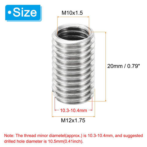 Front view of stainless steel thread adapter sleeve, M12x1.75 male to M10x1.5 female, 20 mm length, 10 pcs