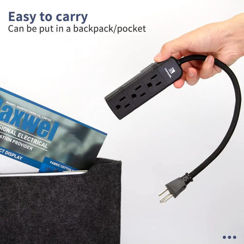 Hand holding Two Pack Slim 3 Outlet Power Strip with 1 Foot Heavy Duty Extension Cord, showing portability and compact design.