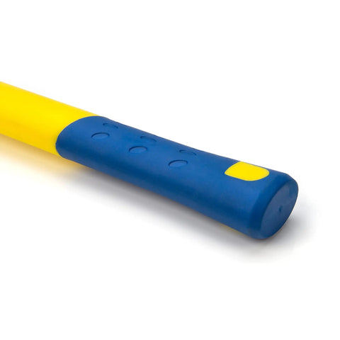 Close-up view of ergonomic two-handed grip on 16-inch fiberglass handle of Soft Face Sledge Hammer For Auto Shop And Construction Use.