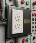 Gotta Have Slick And Smooth Nema 5 To 15R Dual Receptacle Outlet 15A 125V Standard Wall Socket installed on a metal panel with wiring.