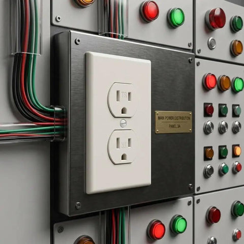 Gotta Have Slick And Smooth Nema 5 To 15R Dual Receptacle Outlet 15A 125V Standard Wall Socket installed on a metal panel with wiring.