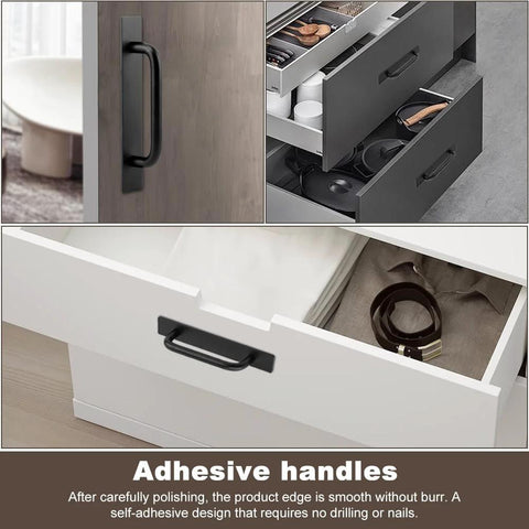 Adhesive Cabinet Handles 5.83 Inch 2 Pack Push Pull No Drill Installation on kitchen and bathroom drawers, matte black finish.