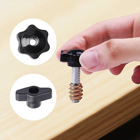 Quarter-inch T track bolt and star knob in hand, for One Quarter Inch T Track Bolts And Knobs Kit, woodworking jigs and fixtures.