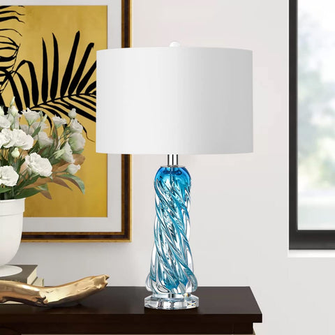 Dope Blue Glass Desk Lamp, 26 Inch Tall With Handcrafted Spiral Body on table with white shade in modern decor