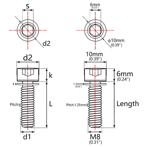 Wanyifa M8×25mm titanium bolt with washer for BMX stem; pack of 6, front and side views