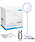 Go To Lighted Desk Magnifier With Clamp And Heavy Base next to packaging, USB-C cable, and manual, 5X and 10X magnification