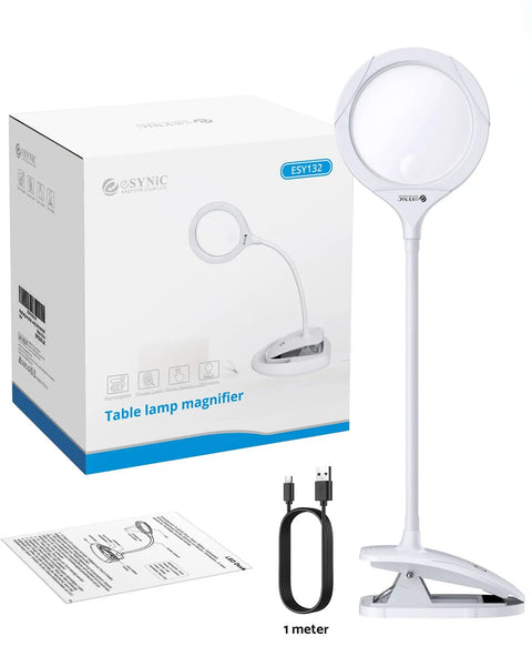 Go To Lighted Desk Magnifier With Clamp And Heavy Base next to packaging, USB-C cable, and manual, 5X and 10X magnification
