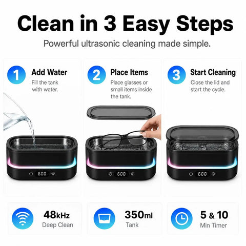 Heavy Duty Ultrasonic Cleaner Harnesses 48Khz Sonics To Slash Through Gunk On Jewelry Glasses Retainers Dentures And Watches While Providing A Quiet Digital Timer And Vibrant Led Ambient Lighting For Smooth Cleanup - Demonstration of water filling, item placement, and cycle start.