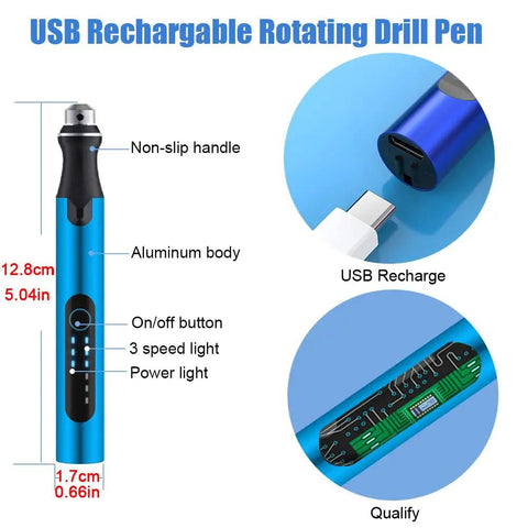 3 Speed Cordless Mini Drill Pen Kit With 10 Drill Bits Rechargeable Electric Hand Drill Pin Vise in blue with USB recharge