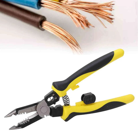 Multi Function Wire Stripper And Crimping Pliers With Safety Latch For Electrical DIY Projects, showing high carbon steel tool.