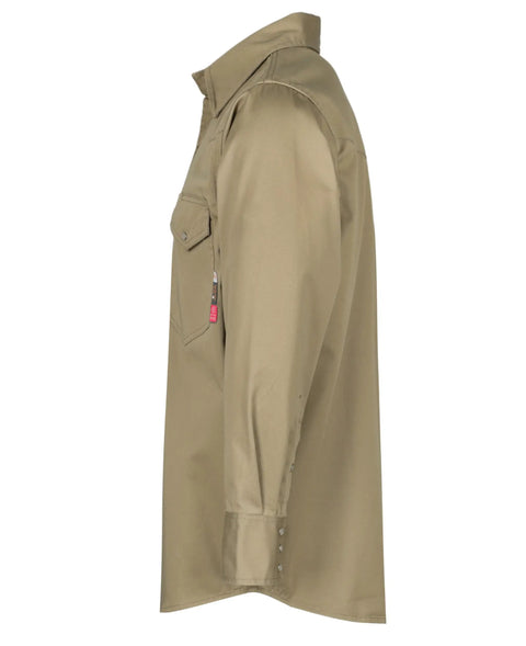 Side view of Flame Resistant Long Sleeve Welding Shirt With Pearl Snap Front Heavy Duty Cotton Twill Workwear In Khaki FR Rated