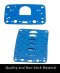 Beefed-Up 8-2000QFT Carburetor Rebuild Gasket Kit For 4150 Series, Blue gaskets showing fuel bowl and metering block gaskets