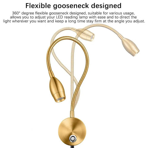 Flexible gooseneck on Dimmable LED Reading Lamps For Wall Mounting On Bed Headboard Flexible Gooseneck With Touch Dimmer Plug In Wired Sconce 3 Color Modes 10 Brightness Levels Set Of 2 Antique Brass Finish