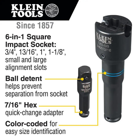 Six In One Impact Socket Set With SAE Wrench And Four Point Sockets 3/4 Inch 13/16 Inch 1 Inch And 1-1/8 Inch Plus Small And Large Alignment Slots for quick tightening and loosening, featuring ball detent and hex adapter.