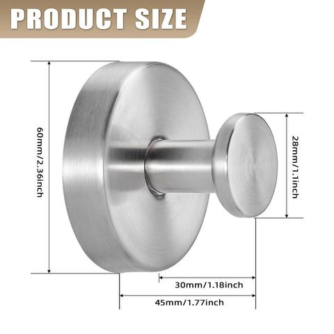 Brushed nickel suction cup hook shown with size dimensions, ideal for no-drill installation in shower and bathroom on smooth surfaces.
