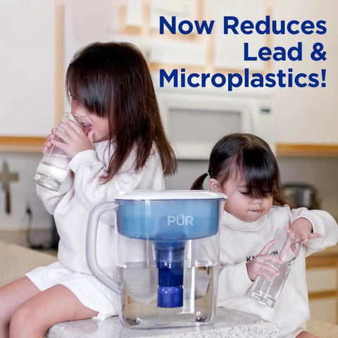 Children drinking water with blue Faucet Mount Replacement Water Filter 4-Pack For Sink, 3-In-1 Mineral Filtration displayed