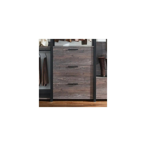 Customizable Wood Walk In Closet Organizer System Featuring Reinforced Hanging Bars And Versatile Shelves To Level Up Your Master Bedroom Storage And Kick The Clutter To The Curb, showing three drawer units with a weathered wood finish.