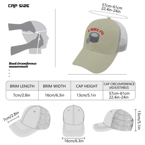 Illustration of apricot baseball cap with printed design, adjustable strap, and mesh back with size details and head measurement guide.
