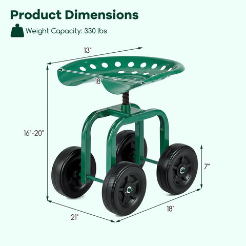 All Terrain Garden Cart With Swivel Seat Rolling Work Stool For Yard And Lawn Adjustable 360 Degree Seat dimensions shown