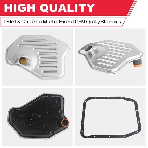 Beefed Up Transmission Filter With Gasket Kits Fits Ford Expedition F150 Mustang And Explorer For 4R70W 4R75W 4R75E Automatic Transmissions Replaces FT105 58955 shown with metal filter and gasket components.